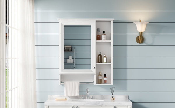 English Elm 3-in-1 Matte Medicine Cabinet Wall Mounted Mirror with Towel Bar and Storage Shelf White N710P401340K