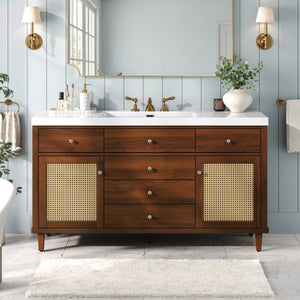 English Elm 60" Boutique Bathroom Vanity Rattan Doors Soft Close Drawers Smc Sink Pine Legs Brown N817P397678B
