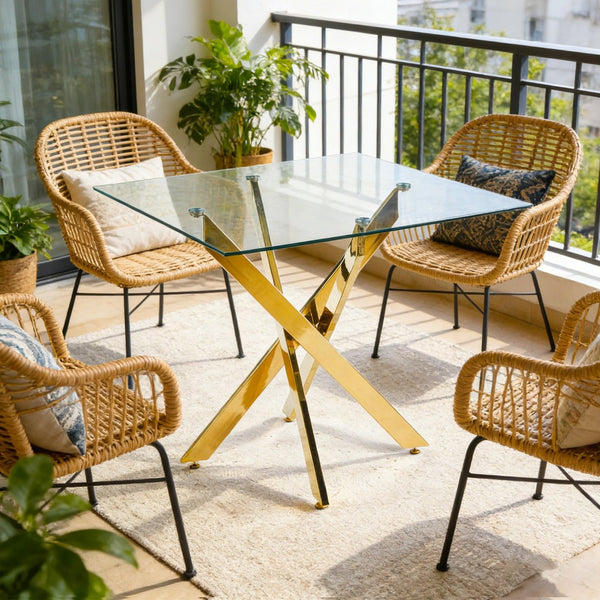 English Elm Dining Table Square Tempered Glass Top Cross Metal Base Modern Space Saving Design W234P235264