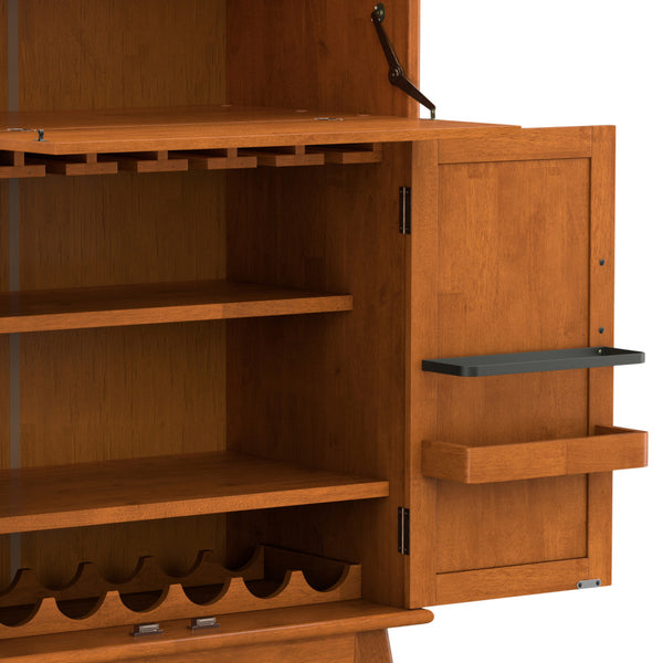 English Elm Draper Teak Mid Century Bar Cabinet – Solid Rubberwood, Wine & Stemware Storage, Drop-Down Worktop B136P203490