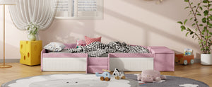English Elm Twin Velvet Kids Daybed with Built-in Stairs Padded Guardrails and Gas Lift Storage Pink+White SF000201AAH