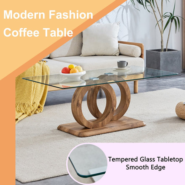 English Elm Modern Glass Top MDF Coffee Table with Interlocking Circle Base, Minimalist Living Room Centerpiece Natural Wood W3226P279048