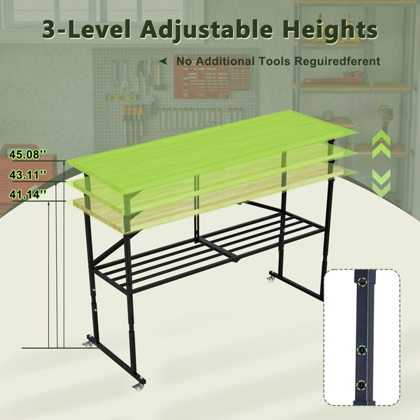 English Elm SmartFold Heavy-Duty Butcher-Block Workbench 2000LB Capacity Wood Top Portable Table w/ Locking Casters, Adjustable Height & Quick-Collapse Steel Frame W1422P325006