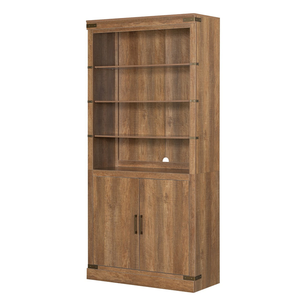 English Elm 83.4"Tall Modern Bookshelf with Doors Walnut, LED Accent Lighting, 3 Adjustable Shelves, Storage Cabinet N751S346154W
