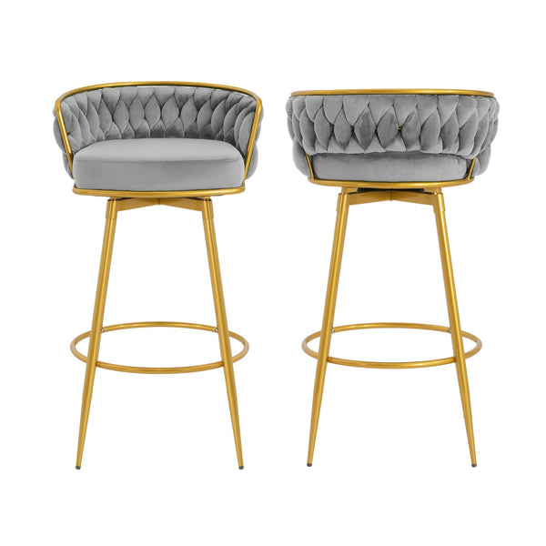 English Elm Christopher Knight Home® - Swivel Counter Height Bar Stools Set of 2 with 180° Turn, Hand-Woven Back, Gold Frame, Velvet Comfort Grey N762P216979E