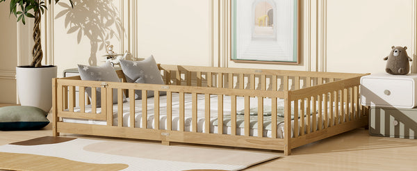 English Elm Queen Floor Bed with Safety Fence and Guardrails, Rubberwood Low Profile Platform for Kids Natural W504P286389