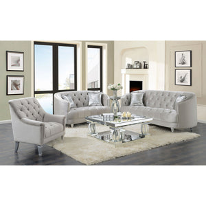 English Elm Dolby Grey Velvet Tufted Sofa with Chrome Nailhead Trim and Silver Turned Legs — 87"L Modern Luxe B062P357805
