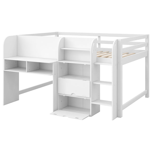 English Elm Full Size Low Loft Bed With Desk, Storage Solutions & Whiteboard For Creative Learning – White Finish N7090005005K