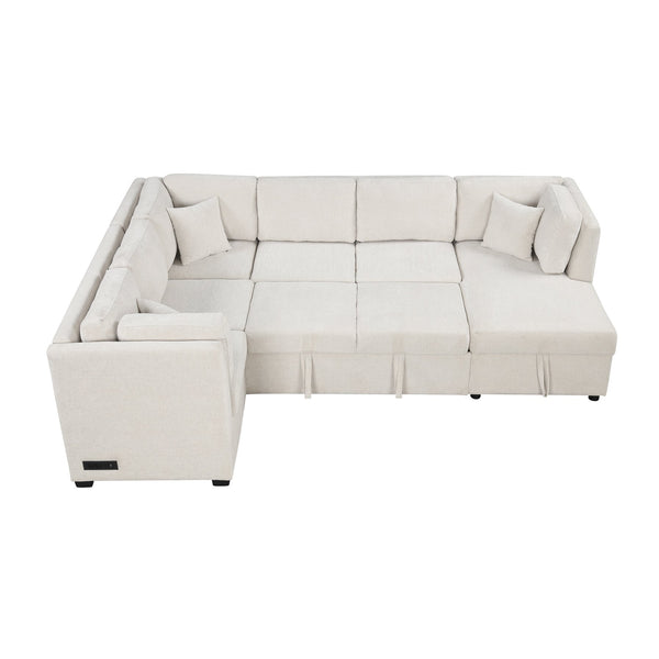 English Elm 108.6" U-Shaped Sectional Sofa Bed with Storage Chaise, USB & Power Ports, Beige Chenille Comfort N719S001410A