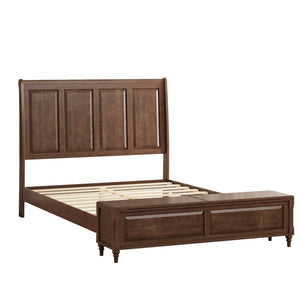 English Elm Queen Sleigh Bed Solid Rubberwood Walnut Finish Curved Headboard Footboard Storage Bench W1716S00034