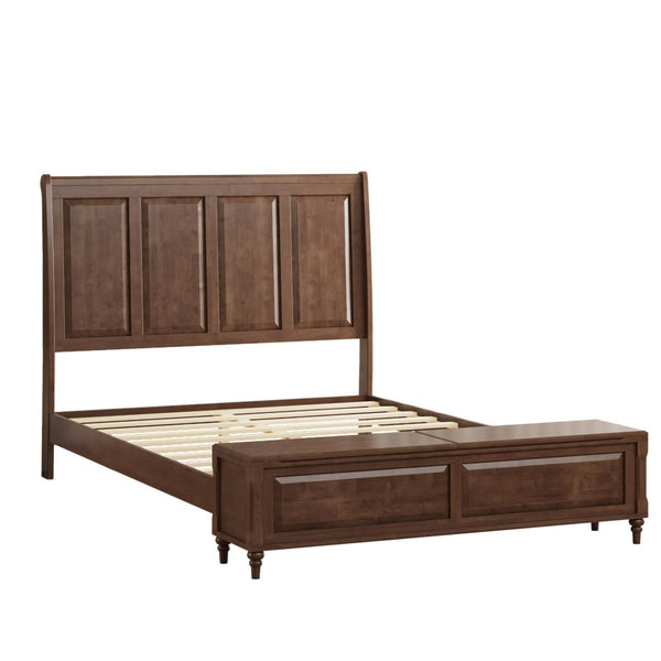 English Elm Queen Sleigh Bed Solid Rubberwood Walnut Finish Curved Headboard Footboard Storage Bench W1716S00034
