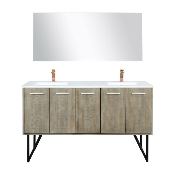 English Elm Rustic Acacia Double Bath Vanity 60" W With White Quartz Top, Rose Gold Faucet & Large Mirror Set B2731S01670-GIGA