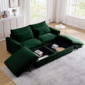 English Elm Corduroy Two-Seater Sectional Sofa With Storage Footrests - Comfy Modular Green Couch For Living Room W714S00668