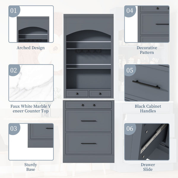 English Elm Modern Tall Kitchen Pantry Set of Two with Faux Marble Top and Glass Holders Gray SP000175AAE