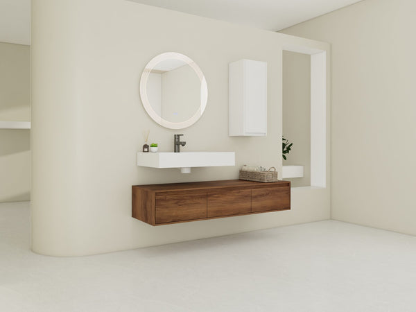English Elm 60 Inch Wall-Mounted Bathroom Vanity Set With Resin Sink, Soft-Close Drawers, And Side Cabinet Space W999S00284