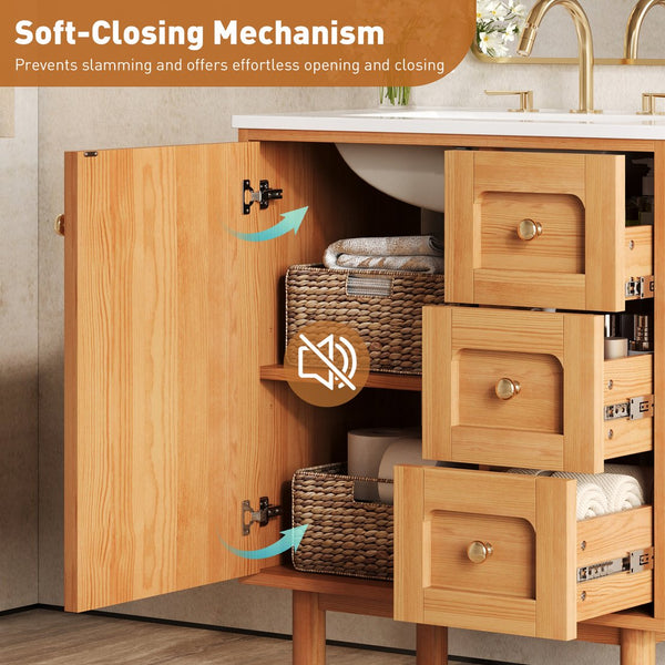 English Elm 30 Inch Bathroom Vanity with Ceramic Sink, Grey Farmhouse Cabinet w/3 Soft-Close Drawers & Storage N710P333972P