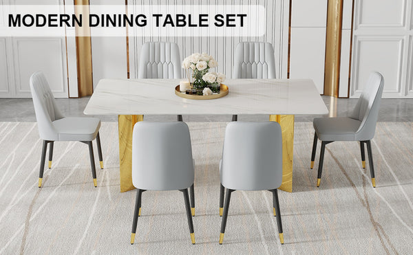 English Elm Table & 6 Chair Set - Elegant Glass Top With Faux Marble, Gold Stainless Steel Legs, Modern Comfort W1151S04353-GIGA