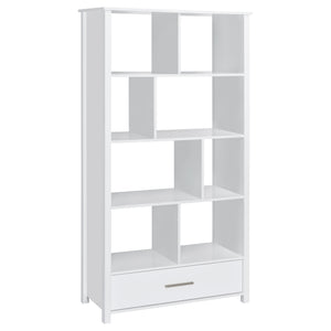 English Elm Dylan White High Gloss 4-Shelf Bookshelf with Curved Glass Top, Bottom Drawer & Sleek Modern Storage cabinetry B062P344933