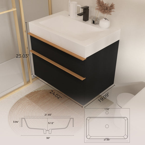 English Elm VELA 24 Inch Wall Mounted Bathroom Vanity with Integrated Acrylic Sink, Dual Wood Handles, Soft-Close drawers and Organizer Black W3235P327615