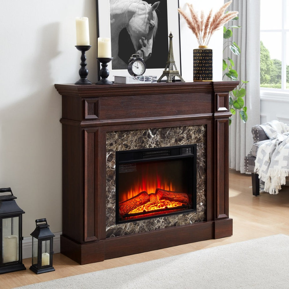English Elm Electric Fireplace Mantel with Stacked Stone Surround Led Flame and Remote Heater Cherry W2275S00046