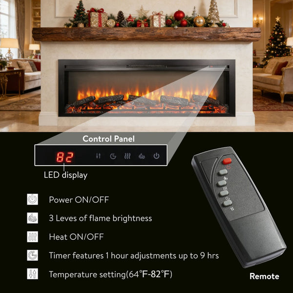 English Elm 54 Inch Recessed Electric Fireplace with Led Flame Display and Remote for Living Rooms W1769P415223