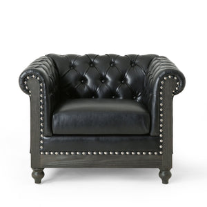 English Elm Christopher Knight Home® - CLUB Club Chair Chesterfield-Inspired Tufted PU Upholstery with Nailhead Trim, Scrolled Arms, Turned Legs Black 39.25 L x 34.25 W x 25 H 72069.00MDNT