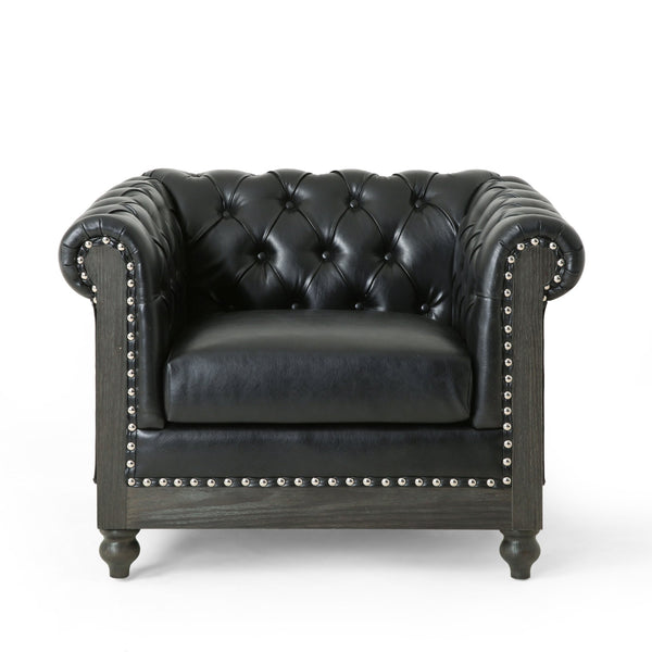 English Elm Christopher Knight Home® - CLUB Club Chair Chesterfield-Inspired Tufted PU Upholstery with Nailhead Trim, Scrolled Arms, Turned Legs Black 39.25 L x 34.25 W x 25 H 72069.00MDNT