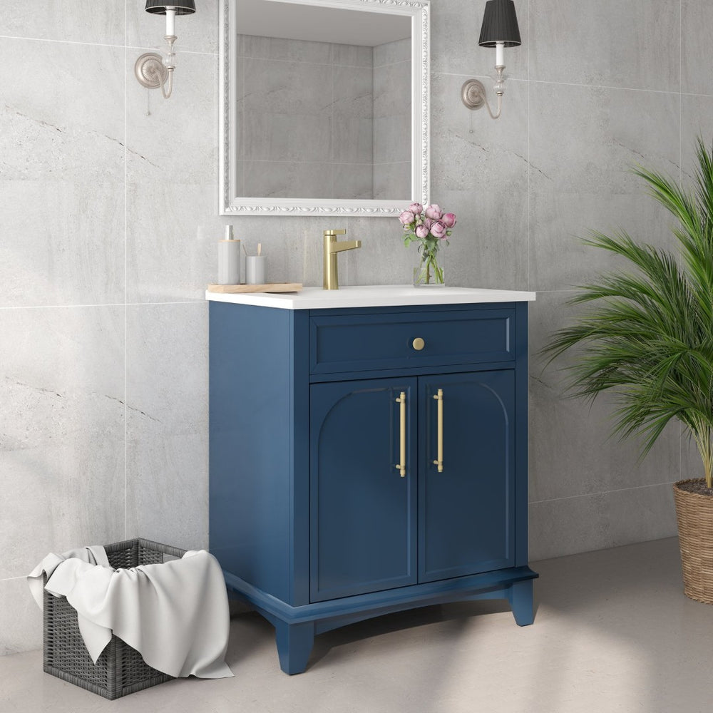 English Elm 27.8" Mid-century Freestanding Bathroom Vanity with Ceramic Sink Drawer and Wood Base Blue W1801S00005