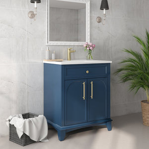 English Elm 27.8" Mid-century Freestanding Bathroom Vanity with Ceramic Sink Drawer and Wood Base Blue W1801S00005