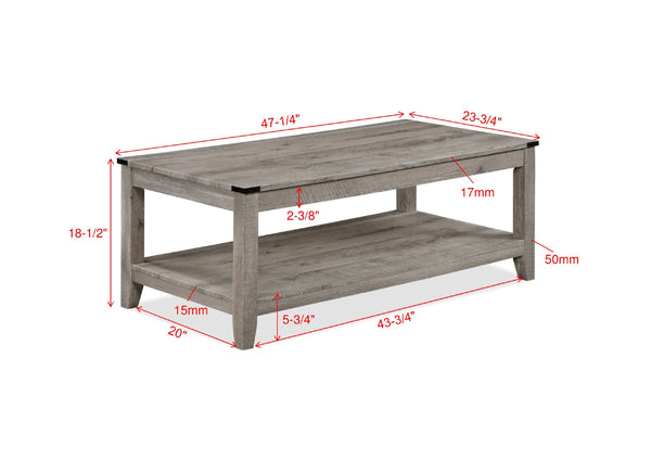 English Elm Rustic 3-Piece Gray Brown Cocktail Table Set with Shelf Rectangular Coffee + 2 Square End Tables, Retro Charm for Living Room B011P244325