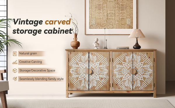 English Elm 60"Wood Vintage Accent Cabinet 4 Doors Antique Brown & White MDF Buffet Console for Living Room Storage W2295P306897