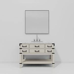 English Elm White Oak Single Bath Vanity With Carrara Marble Top, Chrome Faucet & 46" Mirror - Elegant Design B2731S02108-GIGA
