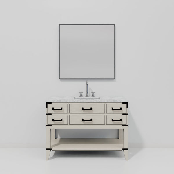 English Elm White Oak Single Bath Vanity With Carrara Marble Top, Chrome Faucet & 46" Mirror - Elegant Design B2731S02108-GIGA