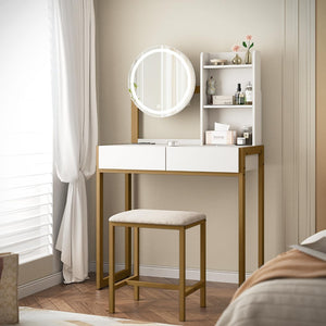 English Elm Small Bedroom Vanity Desk with Led Mirror Cushioned Stool Power Outlet and Storage White+Gold W3587P462322