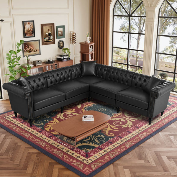English Elm Sectional tufted Chesterfield sofa with rolled arms and nailhead trim, 5-seat reversible L-shape luxury seating for modern living spaces, durable PU leather upholstery and birch legs Black W680S00081