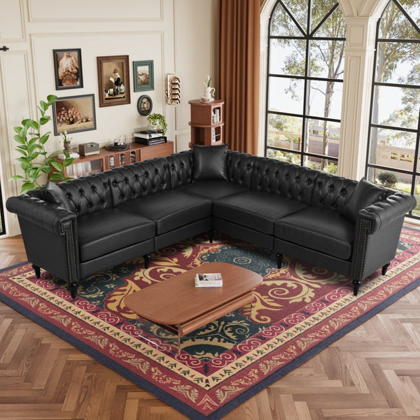 English Elm Sectional Chesterfield Sofa with Tufted Back Nailhead Trim Pu Leather 5 Seat Living Room Black W680S00112