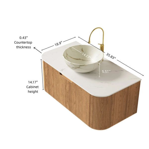 English Elm Dina Floating Bathroom Vanity Sintered Stone Top Glass Basin Striped Plywood Cabinet W2615S00694