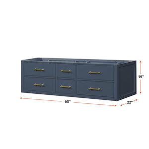 English Elm Blue Double Sink Vanity 60” Wide - Stylish Midcentury Design, Wall-Hung, Soft-Close Drawers & Storage B2731P258041