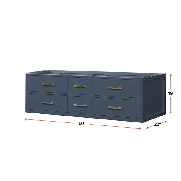 English Elm Blue Double Sink Vanity 60” Wide - Stylish Midcentury Design, Wall-Hung, Soft-Close Drawers & Storage B2731P258041