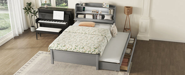 English Elm Full Size Wooden Led Platform Bed With Trundle, Storage Headboard & Usb Charging – Gray Finish N820S10009E