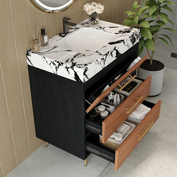 English Elm Modern Freestanding Vanity with Sintered Stone Top Ceramic Sink and Gold Steel Legs W3136S00054