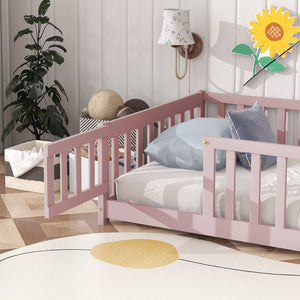 English Elm Twin Low Profile Rubberwood Floor Bed with Full Safety Fence for Toddler Rooms Pink W504P429281