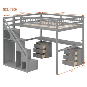 English Elm Full Size Loft Bed with Desk Drawers Led Strip and Staircase for Teen Rooms Gray LT000258AAE-1