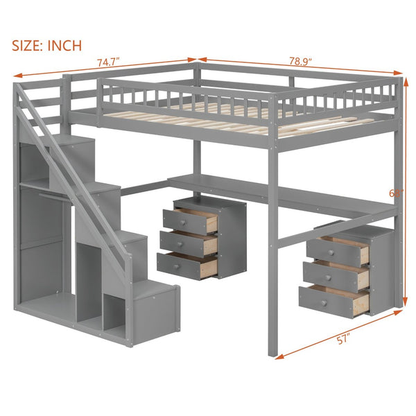 English Elm Full Size Loft Bed with Desk Drawers Led Strip and Staircase for Teen Rooms Gray LT000258AAE-1