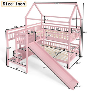 English Elm Full Bunk Bed with Trundle Bookshelf Storage Pine Frame Car Design for Kids Pink W1580S00304