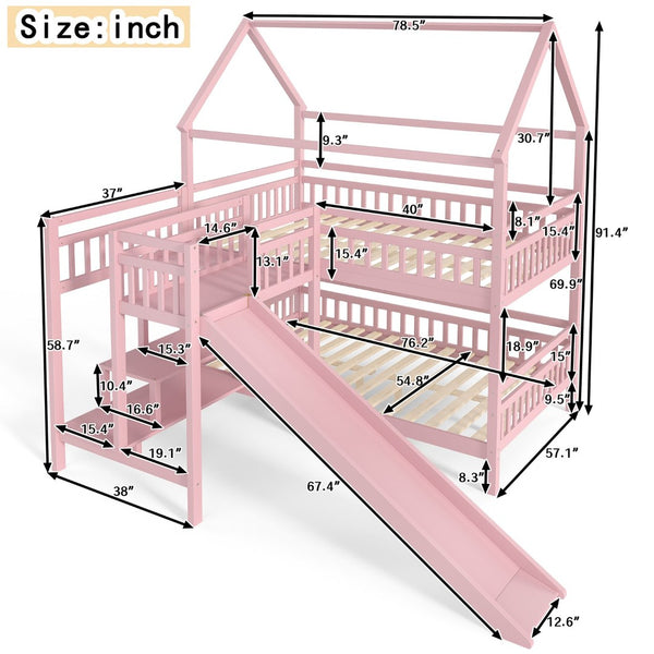 English Elm Full Bunk Bed with Trundle Bookshelf Storage Pine Frame Car Design for Kids Pink W1580S00304