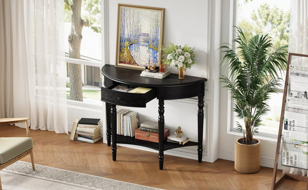English Elm Trexm Farmhouse Half Moon Entryway Console with Drawer Open Shelf Pine Legs Black N715P383795B