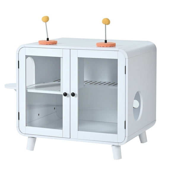 English Elm Cat Litter Box Enclosure Mdf Cabinet with Rgb Lighting Glass Doors and Play Loft White N704P419240K