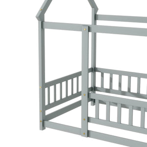 English Elm Twin Floor Wooden House Bed With Roof Frame & Guardrails - Cozy Grey Design For Kids' Rooms W504P286402-GIGA