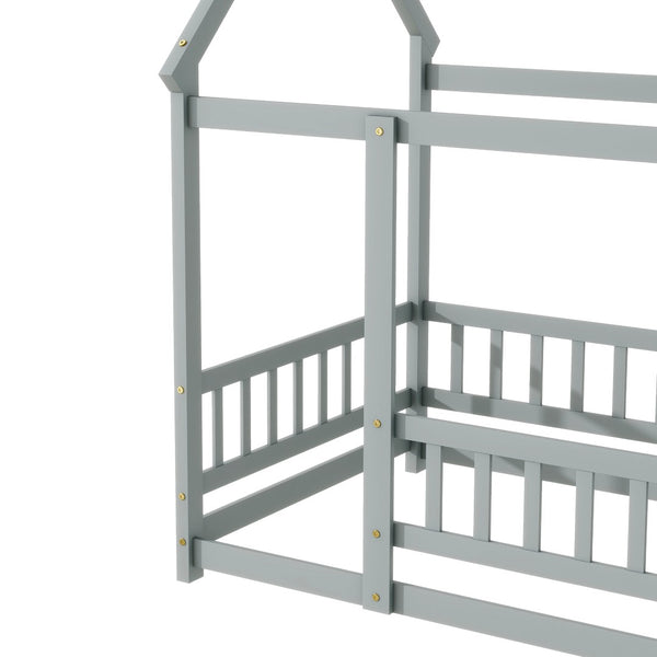 English Elm Twin Floor Wooden House Bed With Roof Frame & Guardrails - Cozy Grey Design For Kids' Rooms W504P286402-GIGA